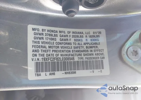 2020 Honda Civic Sport z USA, uszkodzony, nr VIN 19XFC2F82LE008946